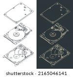Stylized vector illustration of hard drive disk disassembled drawings