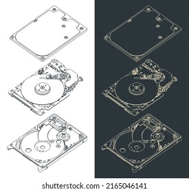 Stylized vector illustration of hard drive disk disassembled drawings