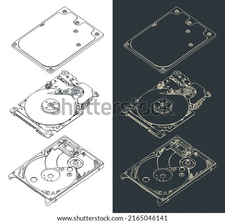 Stylized vector illustration of hard drive disk disassembled drawings