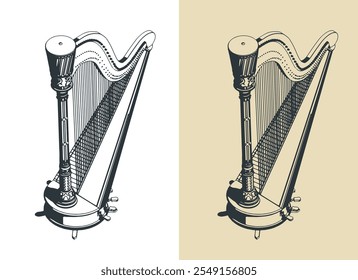 Ilustração vetorial estilizada da harpa. Instrumento clássico tradicional