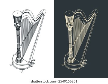 Stylized vector illustration of harp. Traditional classical instrument