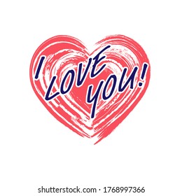 Stylized vector illustration of a heart with the words I LOVE YOU, for t-shirts, banner stickers and theme design, isolated on a white background