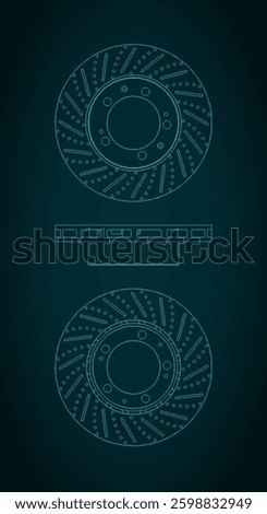 Stylized vector illustration of a heavy duty brake disc blueprints