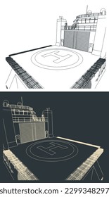 Stylized vector illustration of a helipad on a research and expedition vessel close up