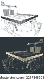 Ilustración vectorial estilizada de un helipuerto en el cierre de un buque de investigación y expedición