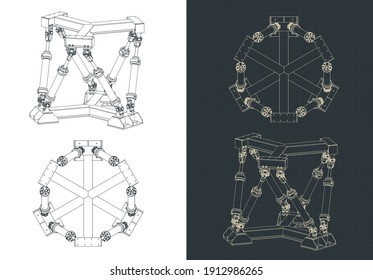 Stylized vector illustration of hexapod mechanism drawings