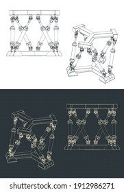 Stylized vector illustration of hexapod mechanism drawings