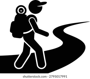 Stylized vector illustration of a hiker with a backpack progressing along a winding path represents the spirit of adventure.