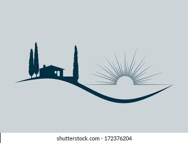 stylized vector illustration with a holiday home by the sea