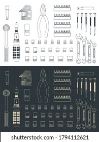 Stylized vector illustration of Home Tool Kit drawings