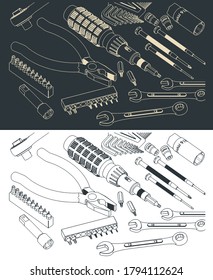 Stylized vector illustration of Home Tool Kit drawings