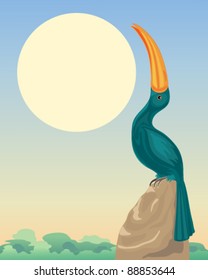 stylized vector illustration of a hornbill sitting on a rock above the rainforest in eps 10 format