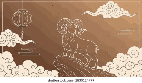 Stylized vector illustration of a horned ram standing on a rocky outcrop surrounded by traditional Chinese clouds and a hanging lantern, set against a textured brown background.
