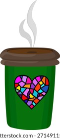 Stylized vector illustration of a hot coffee or tea in a green paper cup with a dark brown lid, featuring a vibrant, stained-glass mosaic heart design on the front.