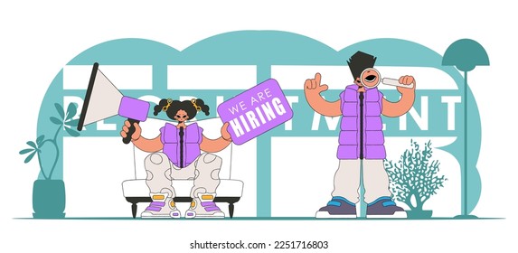 Stylized vector illustration of HR representative team. Stylish woman sits in a chair and holds a megaphone in her hand.