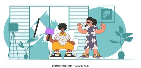 Stylized vector illustration of HR representative team. Attractive woman sits in a chair and holds a megaphone in her hand.