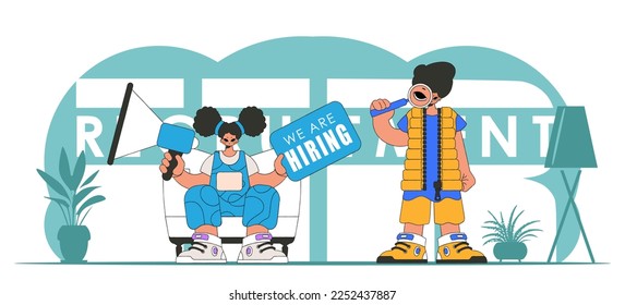 Ilustración vectorial estilizada del equipo representativo de RR. HH. Una mujer atractiva está sentada en una silla y sosteniendo un megáfono.