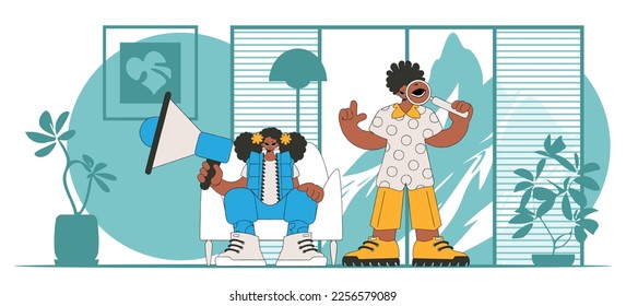 Stylized vector illustration of HR representative team. A young girl sits in a chair and holds a megaphone.