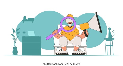 Stylized vector illustration of a HR representative. A young guy sits in a chair and holds a megaphone.