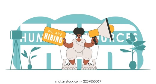Stylized vector illustration of a HR representative. A young woman holds a megaphone.