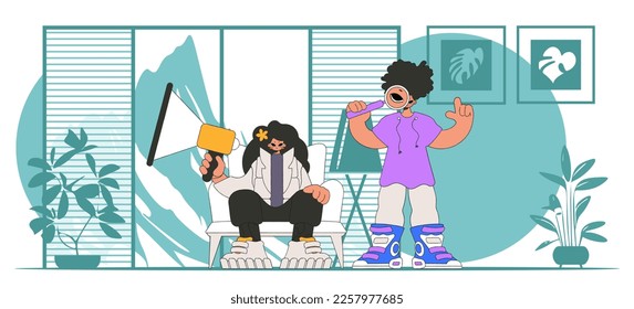 Stylized vector illustration of HR representative team. Stylish woman sits in a chair and holds a megaphone.