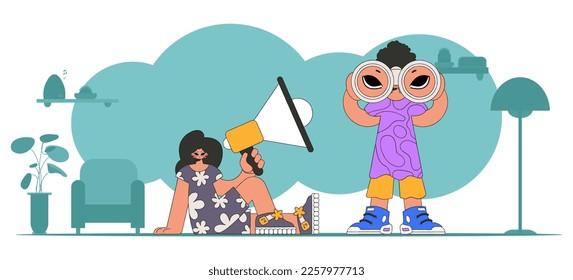 Stylized vector illustration of HR representative team. Stylish woman sits in a chair and holds a megaphone.
