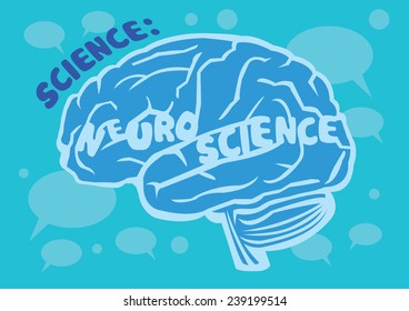 Stylized vector illustration of human brain with text Neuroscience on turquoise background with speech balloons