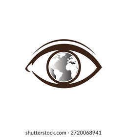 Una Ilustración vectorial estilizada de un ojo humano con el globo como la pupila, representada en tonos negros y grises sobre un fondo blanco puro, que simboliza la visión y la conciencia global.