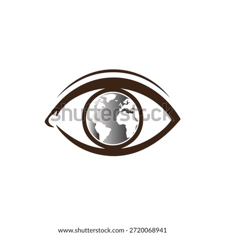 A stylized vector illustration of a human eye with the globe as the pupil, depicted in black and gray hues on a pure white background, symbolizing global vision and awareness.