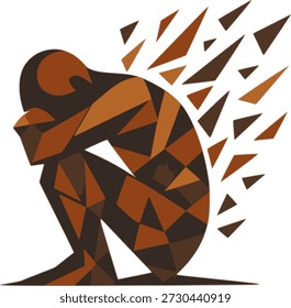A stylized vector illustration of a hunched figure dissolving into angular shards, symbolizing emotional collapse and mental exhaustion.