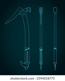 Stylized vector illustration of ice axe blueprints. Mountain climbing ice tool