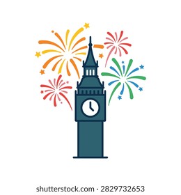 Stylized vector illustration of the iconic Big Ben clock tower in London, with colorful fireworks exploding in the background, symbolizing celebration and national events.