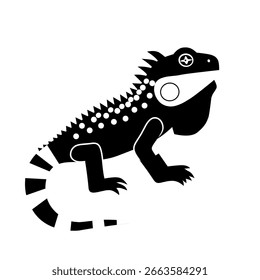 Stylized vector illustration of an iguana in black and white outline with tribal-inspired details. Unique design for tattoos, decals, wildlife themes, or symbolic