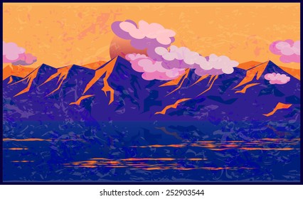 Stylized vector illustration impressionism manner on the theme of mountains, mountain ranges, traveling and climbing. Perhaps seamless horizontal use
