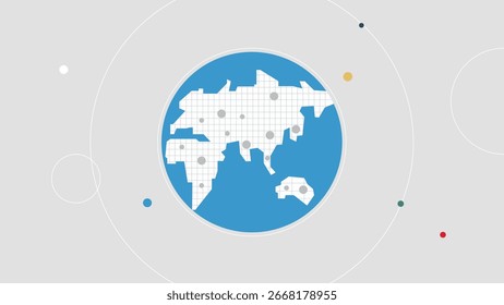 Ilustração de vetor estilizado da Índia com um padrão de grade
 e pontos de localização, situados dentro de um globo rodeado por linhas orbitais e nós coloridos.