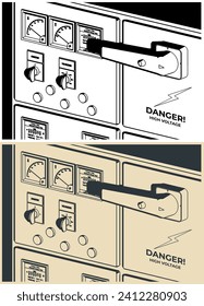 Stylized vector illustration of industrial electrical control panel close up