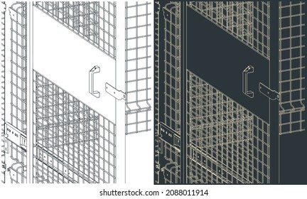 Stylized Vector Illustration Of Industrial Fencing And Sliding Door Close Up