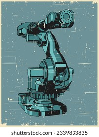Ilustración vectorial estilizada del brazo robótico industrial para líneas de producción automatizadas al estilo de afiches retro