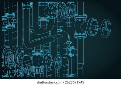Stylized vector illustration of industrial valves and pipes close up