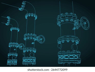 Stylized vector illustration of industrial valves and pipes close up