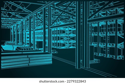 Stylized vector illustration of the interior of a large warehouse with boxes, shelves and goods
