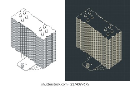 Ilustración vectorial estilizada del plano isométrico del disipador térmico del refrigerador de la CPU