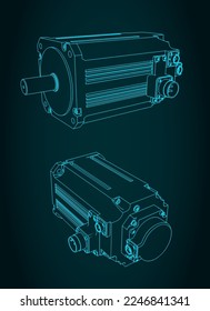 Stylized vector illustration of isometric blueprint of DC servo motor