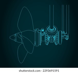 Stylized vector illustration of isometric blueprint of outboard motor gearbox