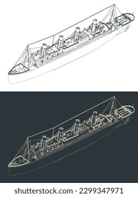 Stylized vector illustration of isometric blueprint of Titanic