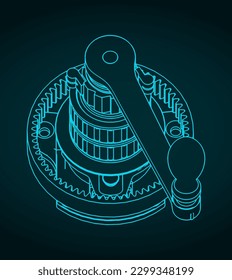 Stylized vector illustration of isometric blueprint of a winch internal structure