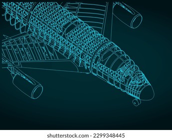 Stylized vector illustration of isometric blueprint of passenger aircraft