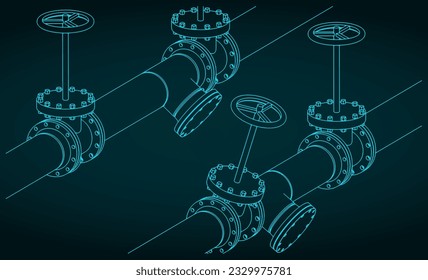 Stylized vector illustration of isometric blueprint of pipes and valves