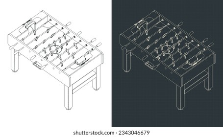 Stylized vector illustration of isometric blueprint of a classic foosball table