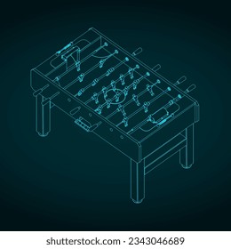 Stylized vector illustration of isometric blueprint of a classic foosball table